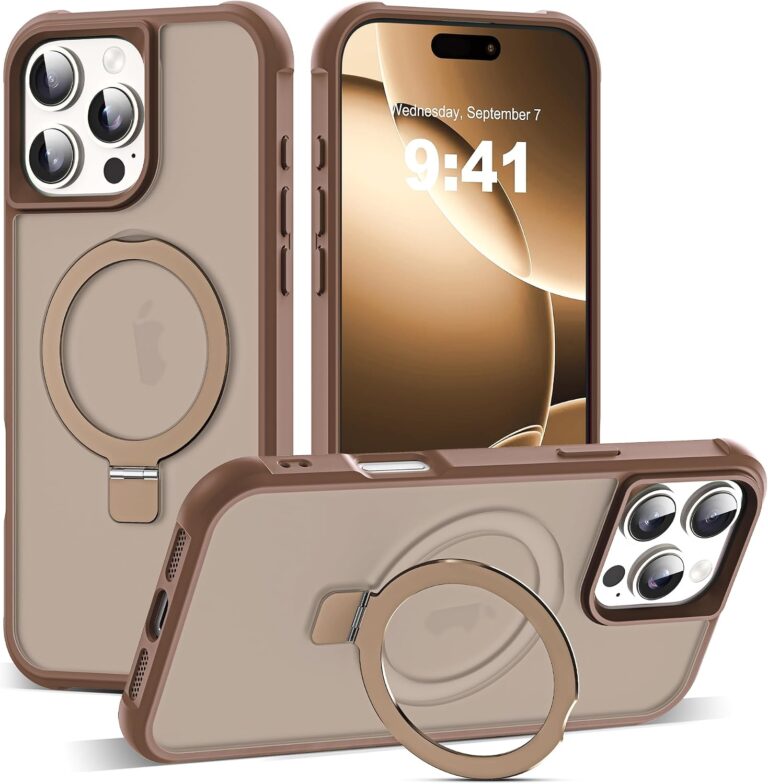SKYLMW Compatible with iPhone 16 Pro Max Case with Invisible Magnetic O-Ring Stand Military-Grade Translucent Case for iPhone 16 ProMax 6.9″ [Compatible with Mag-Safe][Great Grip Feeling],Desert Brown